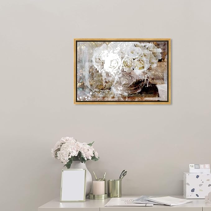 The Oliver Gal Artist Co. Floral and Botanical Framed Wall Art Canvas Prints 'Serving Roses' Florals, White, Gold, 24" x 16"