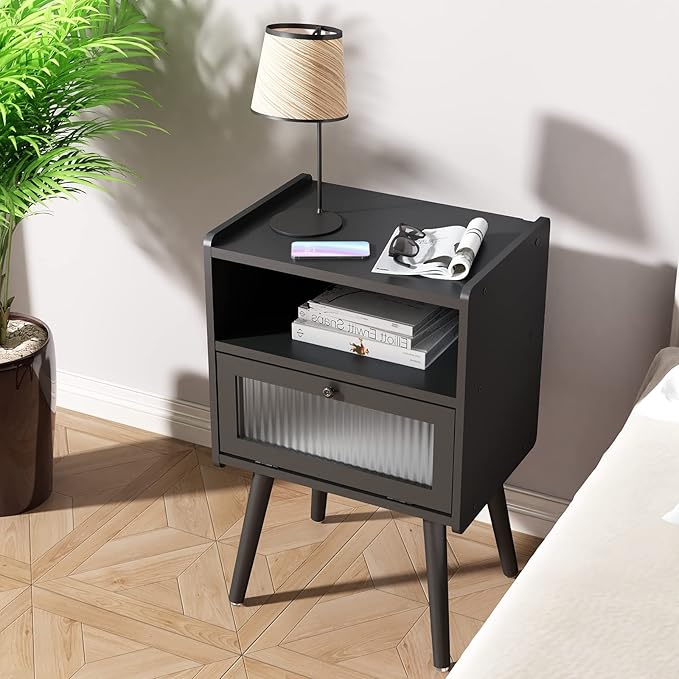 Mid Century Modern Nightstand, Side Table with Storage, Bedside Tables with Glass Door, End Table with Solid Wood Legs for Bedroom, Living Room and Small Spaces, Black