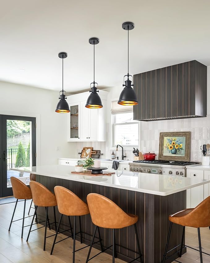 Black Pendant Lights Kitchen Island 3 Pack, Vintage Pendant Light, 6.5’’ Farmhouse Pendant Light Fixtures, Adjustable Height, Pendant Lighting for Dining Room, Living Room, Sink, Bar