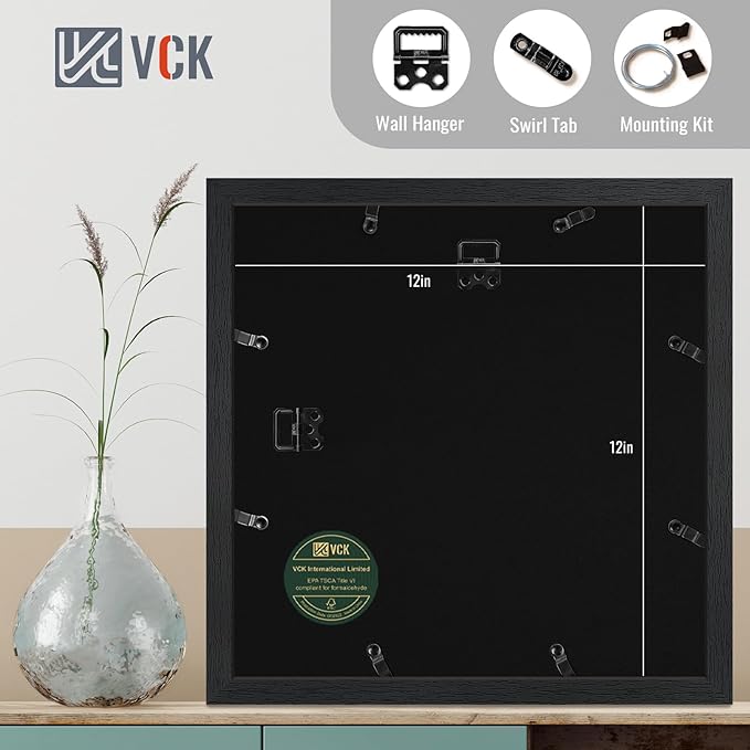 VCK 12x12 Picture Frame Black Set of 5, Textured Exclusive Square Wooden Photo Frames with HD glass | Matted to 8x8 or 12x12 without Mat | Wall Hanging