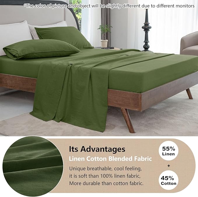 Talasily Linen Sheets-Queen Size Sheets Set,Blend from Linen Cotton Bedsheets,All Seasons Soft Breathable 4 Piece Set-Mossy Green