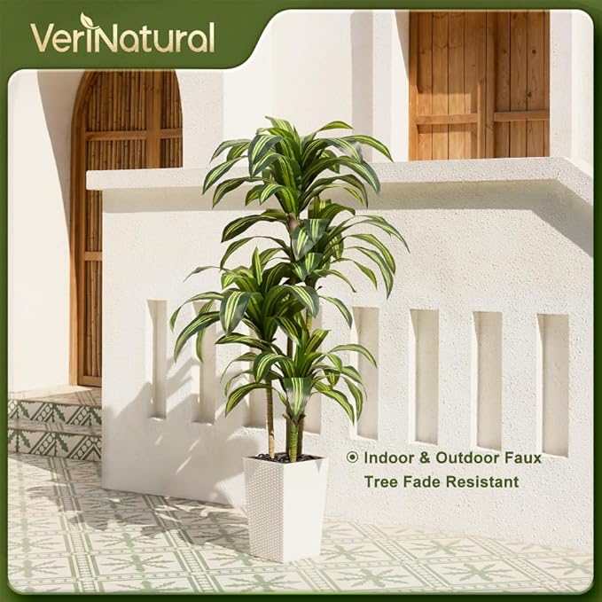 Artificial Dracaena Tree 6FT - UV Resistant Faux Tree with Large Taper Planter & Pebbles - Tall Fake Plants Indoor & Outdoor, Potted Floor Plant for Home Living Room Porch Decor, VN127