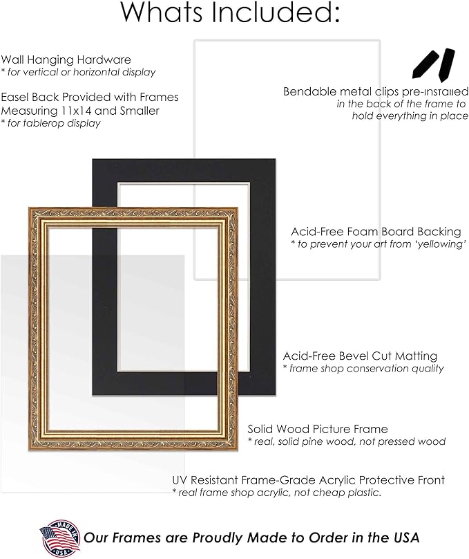 11.5x17 Frame with Mat - Antique Gold 14x19 Frame Wood Made to Display Print or Poster Measuring 11.5 x 17 Inches with Black Photo Mat