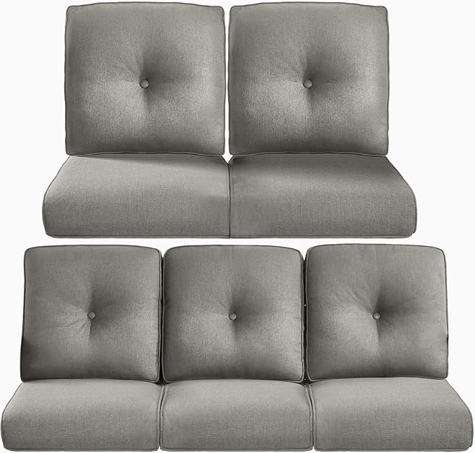 22x25/22x24 Outdoor Cushions for Patio 5 Piece Set - Set of 5 Water-Resistant Replacement Cushion for Wicker Rattan Dining Rocking Swivel Chairs Loveseat Couch Sectional Sofa - Grey/Button