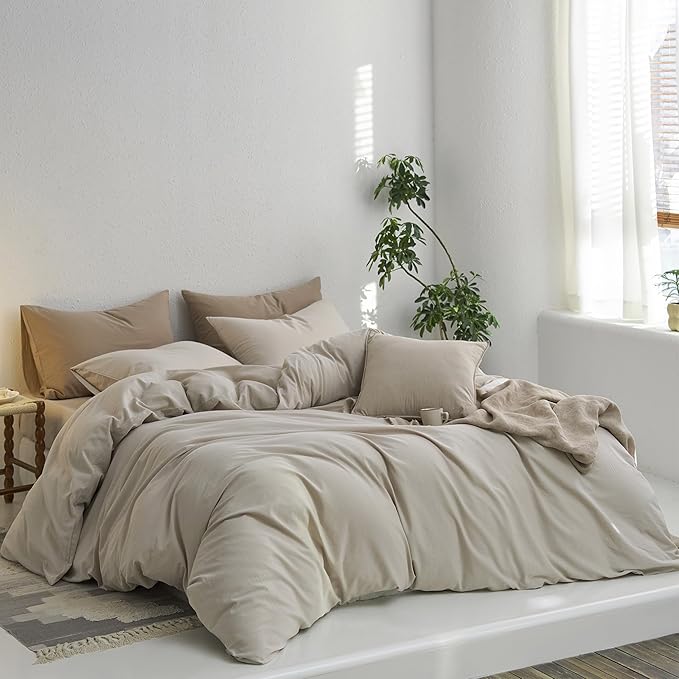 MooMee Twin Duvet Cover Set, 100% Washed Cotton Linen Like Twill Thick Sturdy Material Super Soft Breathable Durable Bedding for All Season, 2 Pieces (Cream Grey, Twin 68"x90")