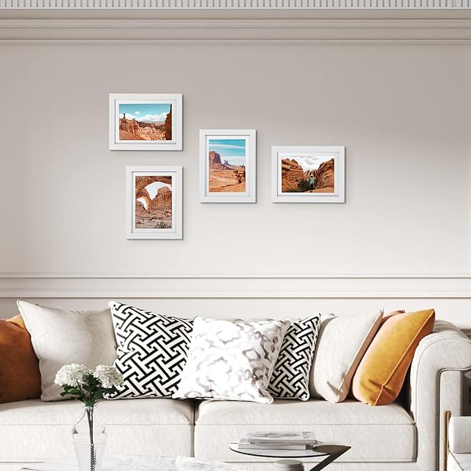 Giftgarden 5x7 Picture Frame Set of 4 White Wood Grain Frames for 5x7 Photos with Mat or 6x8 Without Mat, Wall or Tabletop Display