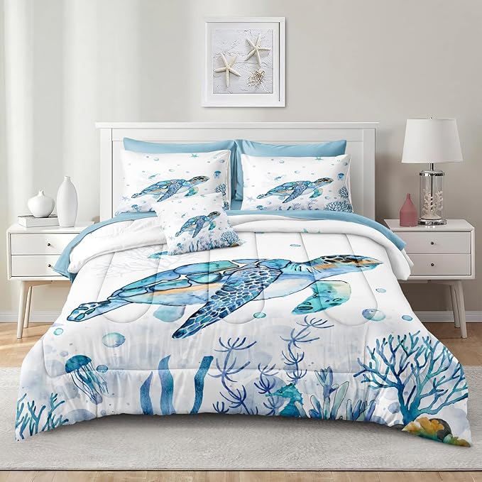 Sea Turtle Comforter Ocean Theme Bedding Set Full Size Bed in a Bag 8 Pieces Bed Set with 1 Ocean Comforter, 1 Blue Flat Sheet, 1 Fitted Sheet, 4 Pillowcases, 1 Cushion Cover(Sea Turtle, Full)