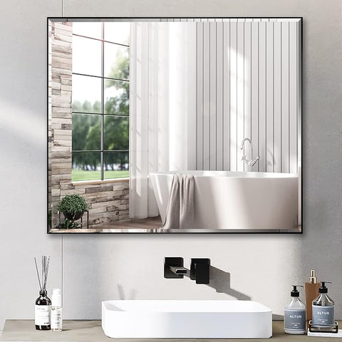 30x36 Inch Black Mirror with Beveled Trim, Aluminum Frame Bathroom Vanity Mirror, Copper-Free Mirror, Rectangle Wall Mounted Mirror, Modern Rectangular Mirror Horizontal or Vertical