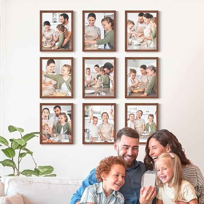 Renditions Gallery Set of 9, 8X10 Custom Photo Prints with Real Wood Picture Frames. Create Personalized Photos with Peel & Stick Photo Frames. Brown Frame