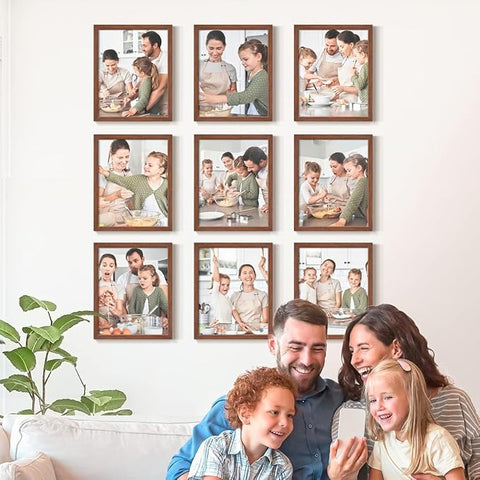 Renditions Gallery Set of 9, 8X10 Custom Photo Prints with Real Wood Picture Frames. Create Personalized Photos with Peel & Stick Photo Frames. Brown Frame