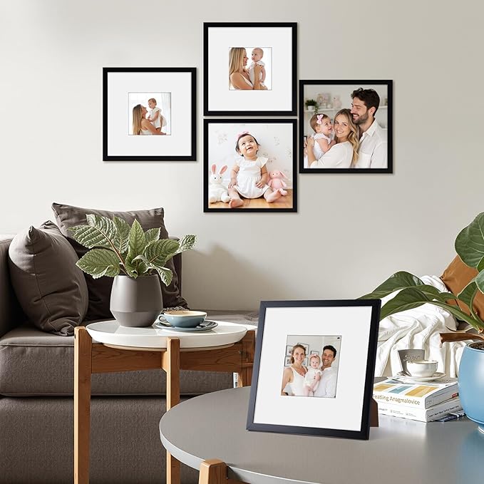 Giftgarden Black 8x8 Picture Frame Set of 4, Matted to 4x4 Picture with Mat, Matted Square Frames for Wall or Tabletop Display
