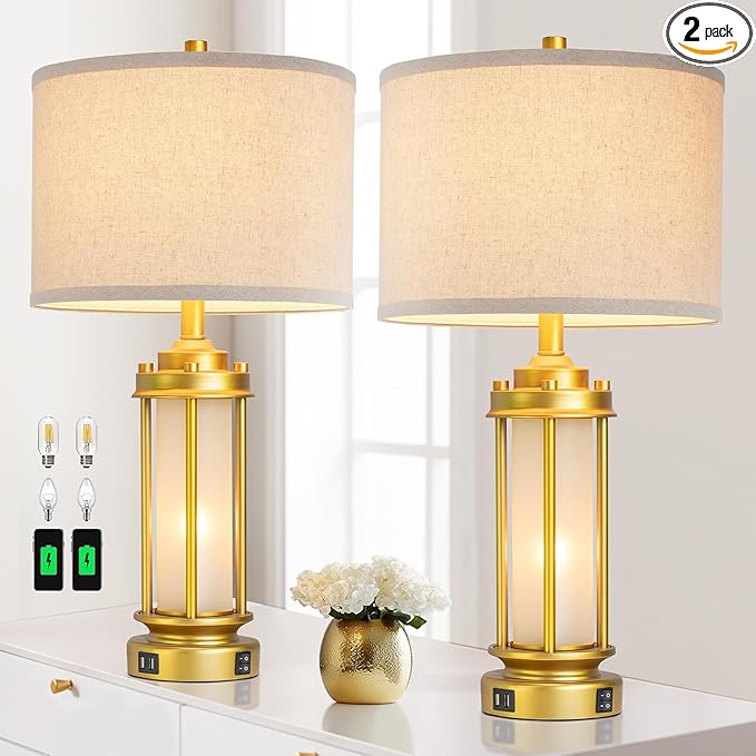 Modern Bedroom Table Lamps Set of 2, Farmhouse Vintage Bedside Lamp with 2 USB Ports, Gold Nightstand Desk Lamps with Glass Nightlight for Living Room Entryway Dresser, 4 Bulbs Included