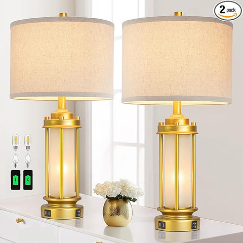 Modern Bedroom Table Lamps Set of 2, Farmhouse Vintage Bedside Lamp with 2 USB Ports, Gold Nightstand Desk Lamps with Glass Nightlight for Living Room Entryway Dresser, 4 Bulbs Included