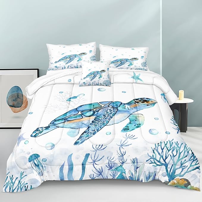 Sea Turtle Comforter Ocean Beach Bedding Twin Size Set Teal Blue Turtle Sea Horse Starfish Ocean Theme Printed Coastal Comforter Set for All Season