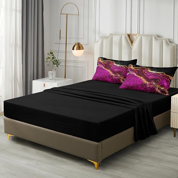 Black Gold Comforter Set 8 Pcs Hot Pink Marble Bedding Set King Size Bed in A Bag Purple and Black Marble Stone Texture Abstract Room Decor Black Marble Bed Comforter