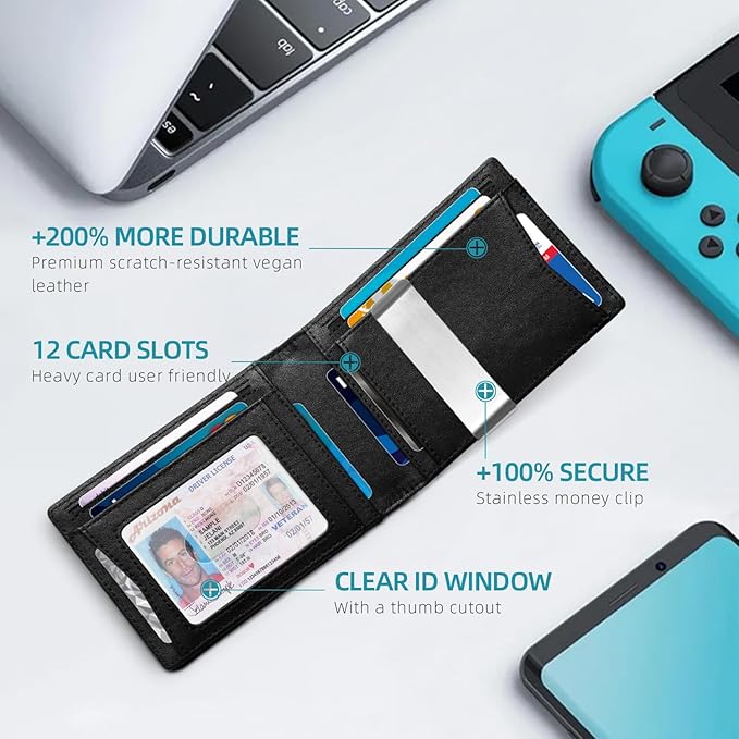 Zitahli Slim Wallet for Men Gifts 12 Card Slots ID Window With Money Clip Minimalist RFID Front Pocket Bifold Leather Small Thin Gift Box Dad Birthday Christmas Regalos Hombres