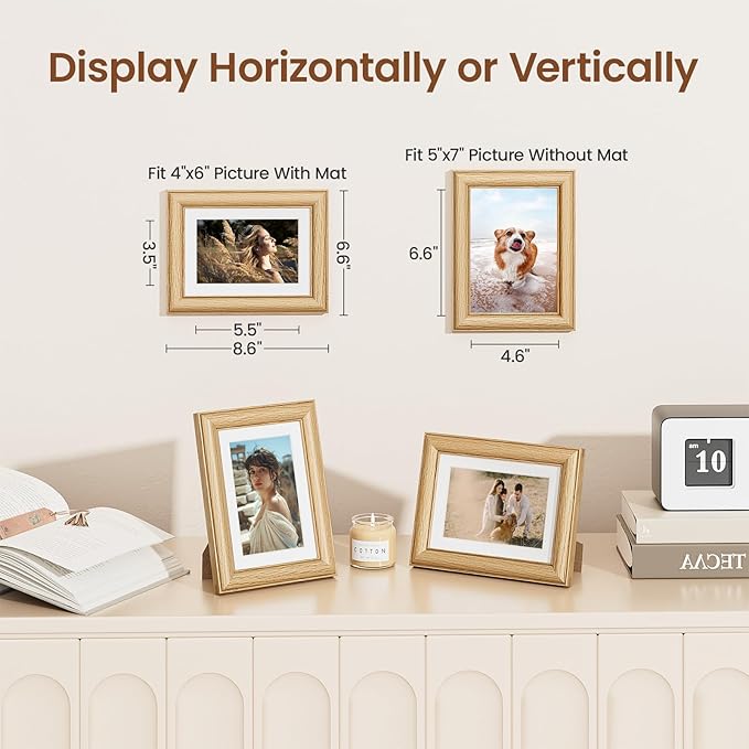 Vivelove 5x7 Picture Frame, Solid Oak Wood 5x7 Frame Display 4x6 with Mat or 5 x 7 Without Mat, 5 by 7 Photo Frame for Wall & Tabletop Display, Natural Oak Color, 3 Pack