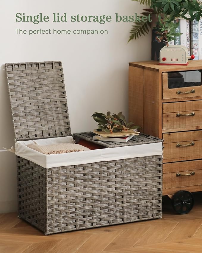 Storage Basket with Lid Rattan, Woven Storage Baskets with 2 Separate Lids, 17.2 Gallon (65 L), 22.2 x 13 x 13.8 Inches, Foldable, 2 Removable Liner Bags Handles for Bedroom, Laundry Room Gray