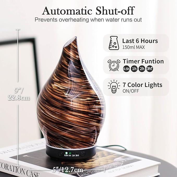 Porseme 150ml Essential Oil Diffuser Glass Color Changing Aroma Air Diffusers Aromatherapy Ultrasonic Cool Mist Humidifier 6 Running Hours Waterless Auto-Off for Sleeping Yoga Office Spa (Dark Golden)