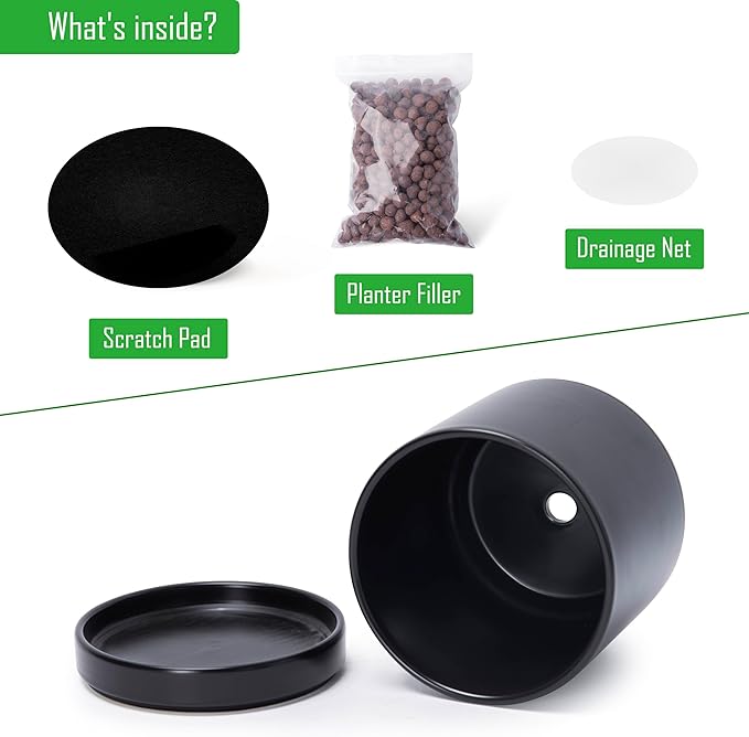 D'vine Dev 3 Inch & 4 Inch & 6 Inch, Set of 3 Round Ceramic Planter Pot with Drainage Hole and Saucer, Black, 94-T-S-2