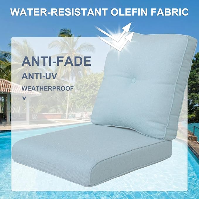 Patio Cushions for Outdoor Furniture - 22×24 Inches High Back and Deep Seating Outdoor Cushion for Patio Chairs Sofa Couch Loveseat Water Resistant(Sky Blue/2 Set/Button)