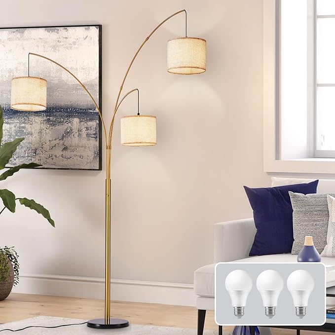 DLLT Modern Floor Lamp for Room: 3-Light Gold Tree Dimmable Floor Lamps with Beige Shades for Living Room - Arc Standing Lamp for Bedroom - Tall Floor Lamp for Office Corner 3 LED Bulbs Included