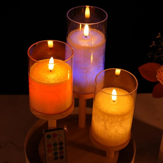 NICEME 3PCS LED Multi Colored Flameless Candles Acrylic Pillar Battery Operated Flickering Flame Color Changing Candles with Remote Control Real Wax Electric Fake Candles Ice Crystal, D3” x H4” 5" 6"