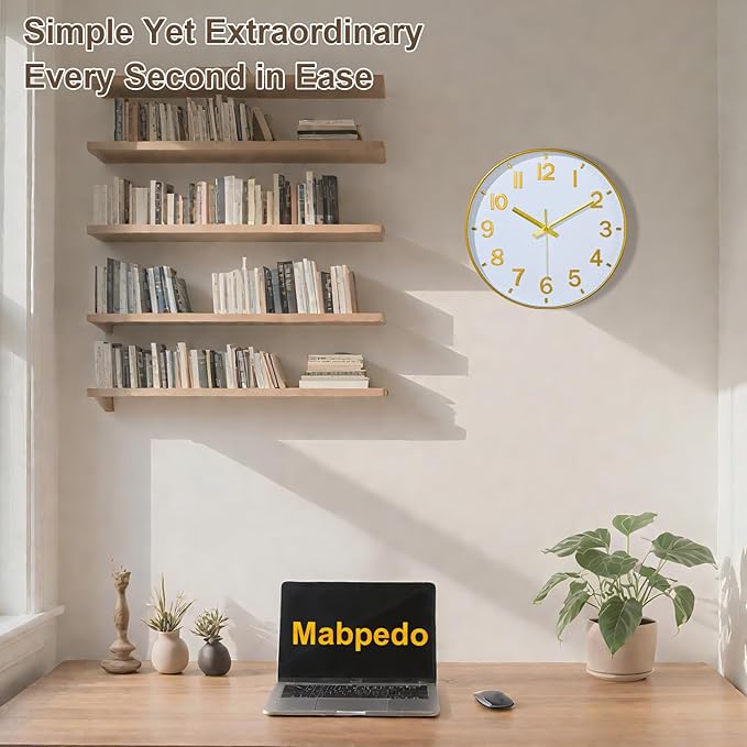 Modern Wall Clock, 10 Inch Digital Wall Clocks Battery Operated, Round Non Ticking Silent Analog Clock for Bedroom Living Room Kitchen Office Gym Classroom Decor, Gold Battery Clock