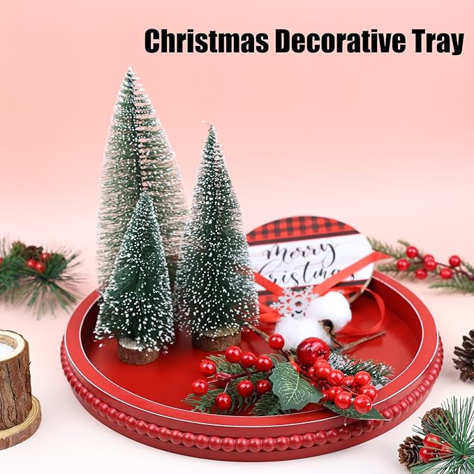 Red Round Wood Decorative Ottoman Tray for Coffee Table Kitchen Counter, Living Room, Handcrafted Wooden Serving Tray for Table Centerpiece