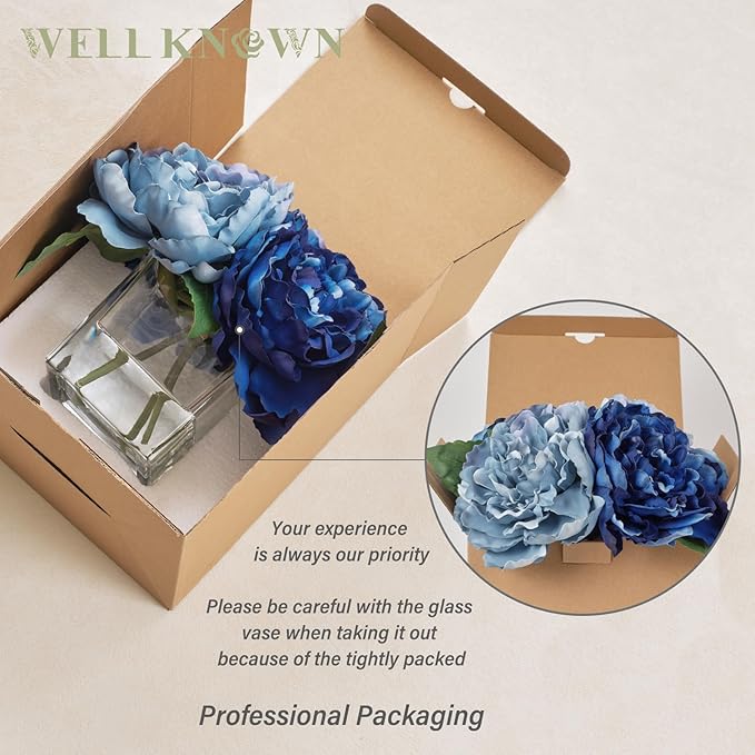 Artificial Peonies Flowers Arrangements in Cube Glass Vase, WELLKNOWN Silk Flower Centerpieces for Dining Room Table, Coffee Table Decor, Faux Peony Flowers with Faux Water (Bicolor Blue)