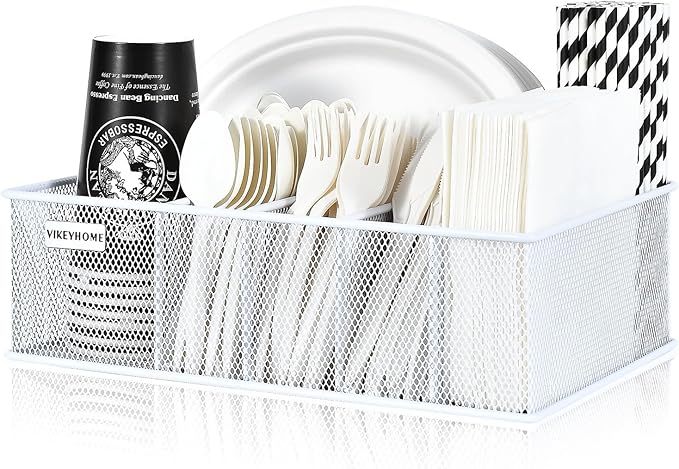 Paper Plate Organizer, Metal Silverware Caddy with 6 Compartments for Knives, Spoons, Cups, Forks, Napkins, Utensil Holder for Party, Camping, Picnic, White