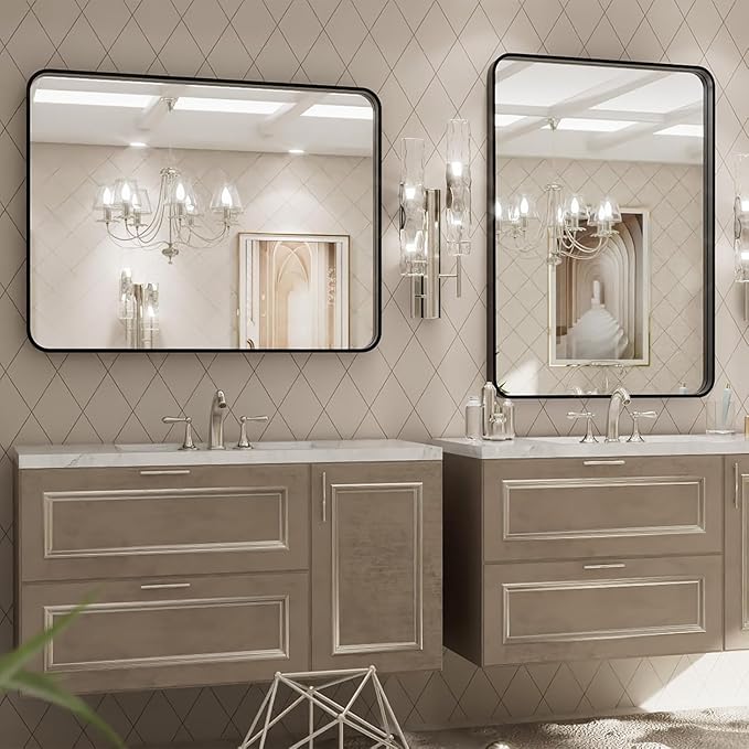 Black 20x16 Inch Metal Framed Mirror for Wall, Large Rounded Rectangle Mirror, Anti-Rust, Tempered Glass, Hangs Horizontally or Vertically