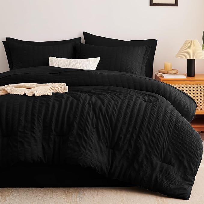 CozyLux Full Size Comforter Sets with Sheets Seersucker 7 Pieces Black Bed in a Bag Textured Luxury Soft Bedding Set with Down Alternative Comforter, Sheets, Pillowcases & Shams for All Seasons