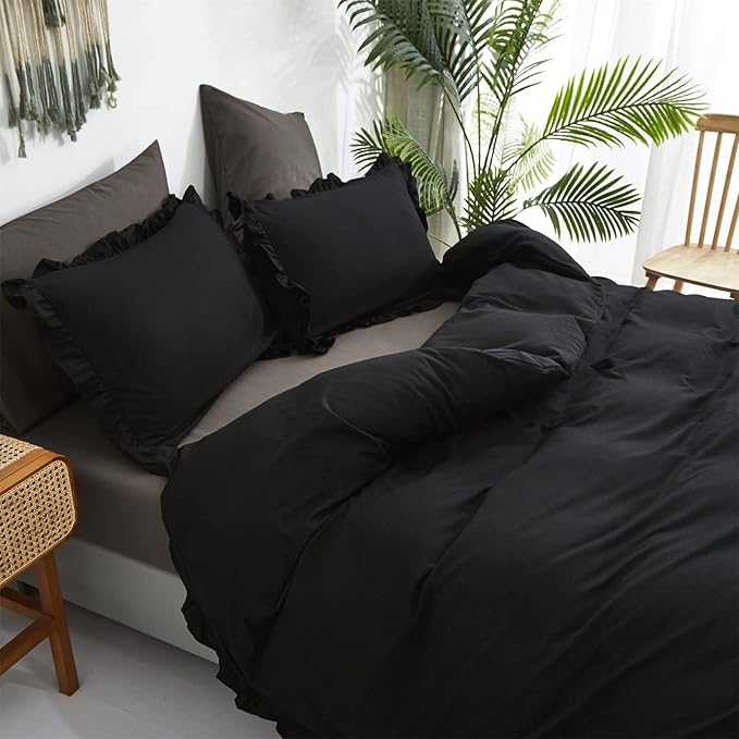 Luxlovery Black Ruffle Comforter Champagne Farmhouse Bedding - California King - Shabby Boho Taupe Blanket Quilts - All Black Color Bohemian Comforter Set