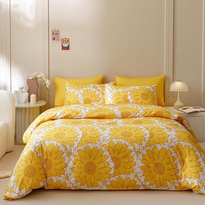 CLOTHKNOW Queen Comforter Set Yellow White Sunflower Bedding Comforter Sets Floral Queen Comforter Boho Comforter with 2 x Pillow Cases