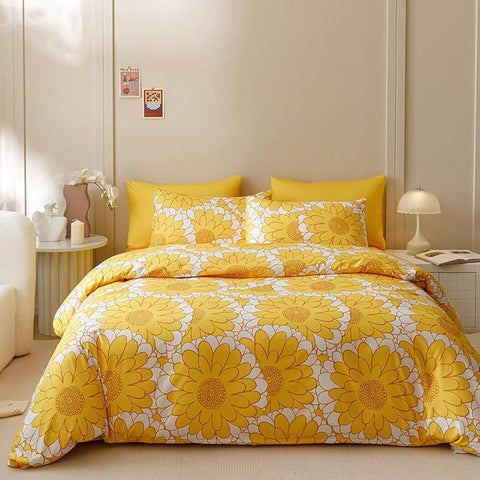 CLOTHKNOW Yellow White Sunflower Twin/Twin XL Comforter Set 3Pcs Floral Bedding Comforter Sets All Season Boho Comforter with 2 x Pillow Cases