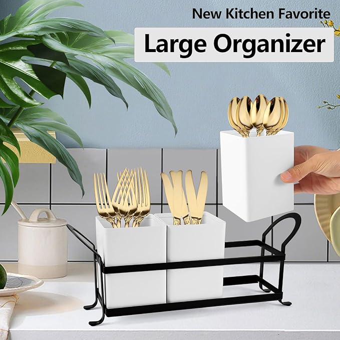 Utensil Holder Silverware Caddy for Party Countertop, 3pcs Bins Set Silverware Caddy Organizer Holders for Spoon and Fork, White and Black