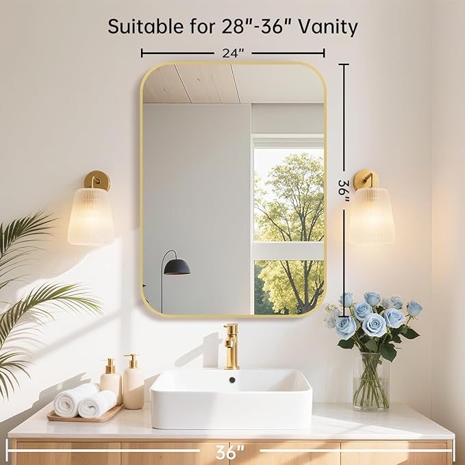 24x36 Inch Gold Bathroom Mirror, Brushed Brass Gold Metal Framed Rectangular Mirror with Rounded Corner, Wall Mounted Vanity Mirror for Bedroom or Living Room, Horizontal/Vertical