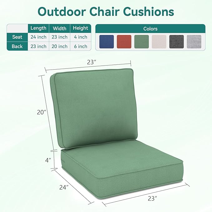 Outdoor Chair Cushions 23" x 24" x 4", Patio Deep Seat Replacement Cushions Set with Zippered Removable Cover, Weather-Resistant Olefin Fabric for Garden Chair Sofa Couch, Set of 5, Green