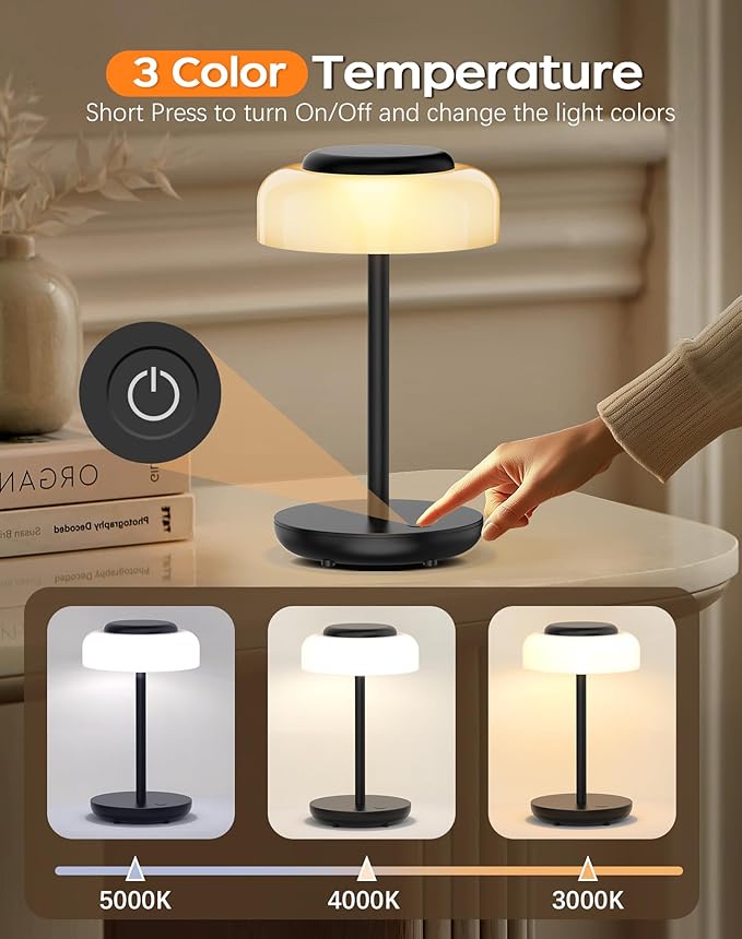 QiMH Battery Operated LED Table Lamp, 5000mAh Rechargeable Cordless Lamp, Stepless Dimmable Touch Control, Small Waterproof Desk Night Light for Living Room, Bedroom, Outdoor Bar (Black)