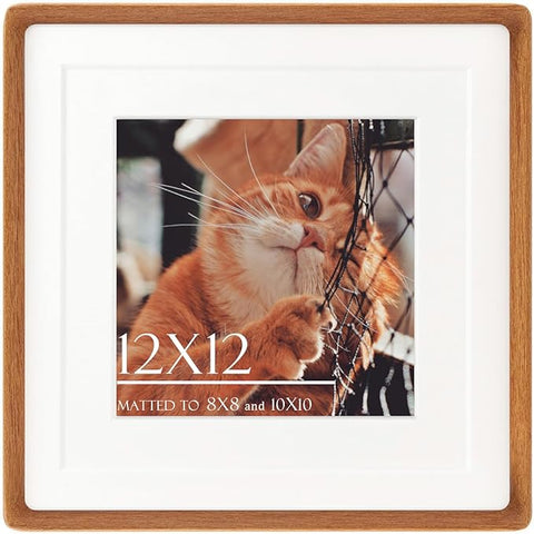 12x12 Square Picture Frame in Natural Teak Wood, Solid Wooden Frames matted to 8x8/10x10, Gallery Frames for Wall Mount or Tabletop Display