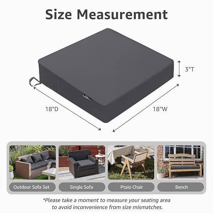 Outdoor Chair Cushions 18 x 18 x 3 Inch, Waterproof & Fade Resistant Patio Seat Cushion for Furniture with Handle and Ties, Thick Seating Pads for Outside Sofa Couch Set of 2, Grey