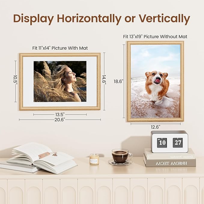 13x19 Picture Frame, Natural Solid Wooden Picture Frames with Tempered Glass, Display 11x14 with Mat or 13x19 Without, Vertical or Horizontal Wall Hanging Photo Frame, Natural Oak Color, 1 Pack