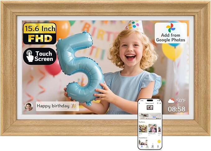 NexFoto Touchscreen Digital Picture Frame 15.6'', FHD WiFi Digital Photo Frame, 64GB Wood Electronic Picture Frame, Add Photos from Google Photos, Share Videos, for Mom, Birthday, Wood