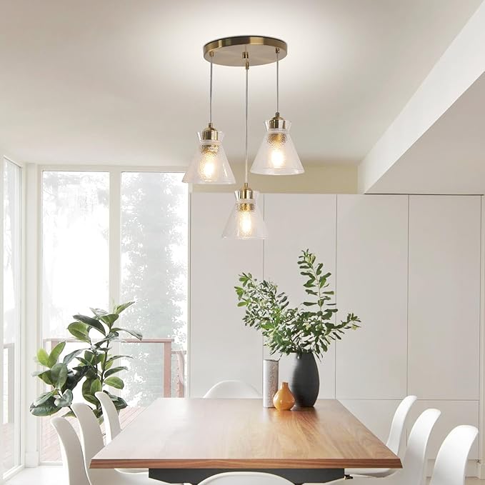 Industrial Farmhouse 3 Pendant Chandelier Light with Handblown Seeded Glass Shade Gold Brushed Nickel Hanging Light for Kitchen Island Dining Room Living Room,Foyer,Stairway