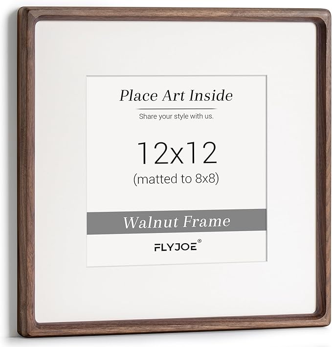 12x12 Picture Frame, USA-Sourced Natural Walnut Wood Photo Frame with Tempered Glass, Handcrafted Rounded Corner 12 x 12 Wooden Frame Matted to 8.5x11 Photos, Horizontal or Vertical Wall Mounting