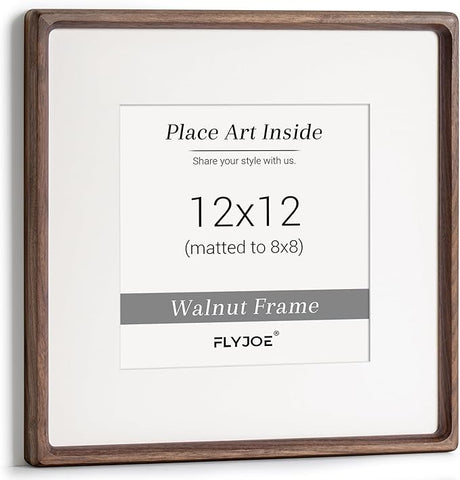12x12 Picture Frame, USA-Sourced Natural Walnut Wood Photo Frame with Tempered Glass, Handcrafted Rounded Corner 12 x 12 Wooden Frame Matted to 8.5x11 Photos, Horizontal or Vertical Wall Mounting