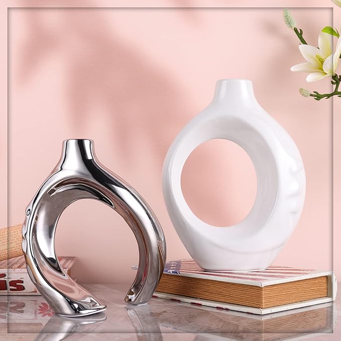 White Ceramic Vase Set of 2, White and Silver Round Donut Ceramic Decorative Vase for Living Room Decor, Bookshelf, Mantel, Dining Table Centerpiece Decor (White Silver)