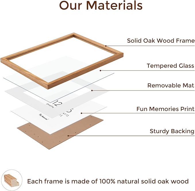 12x16 Picture Frame, Solid Oak Wood 12 x 16 Frame for Wall, 12 by 16 Picture Frames with Real Glass, 12x16 Frame Matted to 8.5x11, Rusitic Wood 12"x16" Poster Frame for Home Decor, Natural Oak Color, 1 Pack