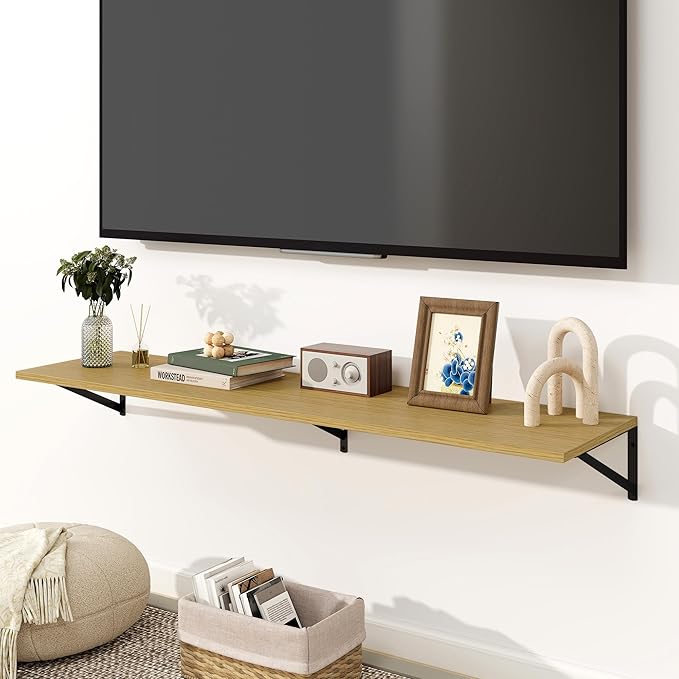 Fun Memories Floating Shelves for Wall, 12 Inch Deep Floating Shelves Set of 2, 55W x 12D Large Wall Shelf with Sturdy Metal Brackets for Living Room, Bathroom, Bedroom and Kitchen, Oak